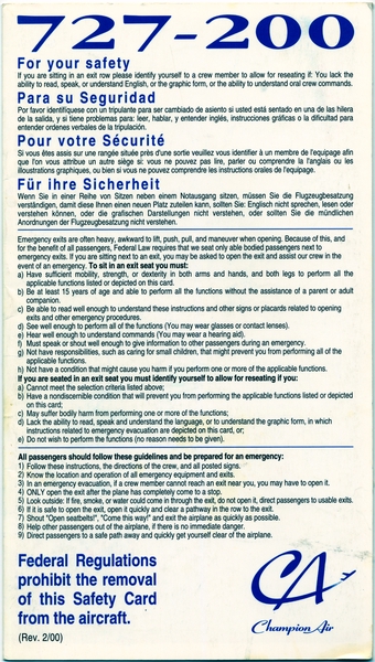 Image: safety information card: Champion Air, Boeing 727-200