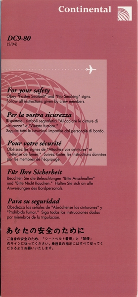Image: safety information card: Continental Airlines, Douglas DC-9 Super 80