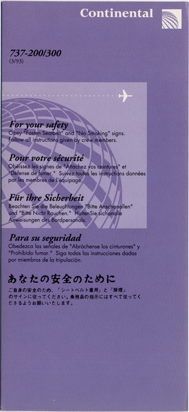 Image: safety information card: Continental Airlines, Boeing 737-200/300