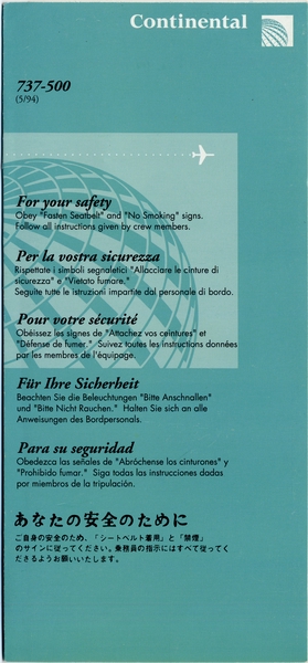 Image: safety information card: Continental Airlines, Boeing 737-500