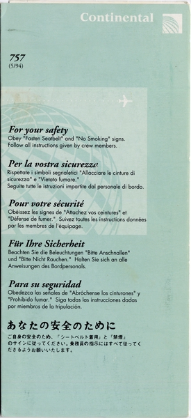 Image: safety information card: Continental Airlines, Boeing 737-300/500