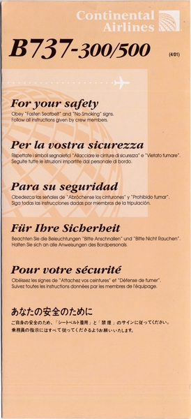 Image: safety information card: Continental Airlines, Boeing 737-300/500