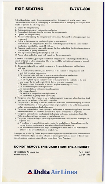 Image: safety information card: Delta Air Lines, Boeing 767-300