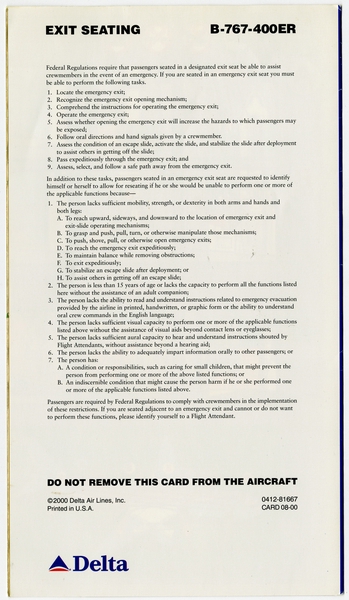 Image: safety information card: Delta Air Lines, Boeing 767-400ER