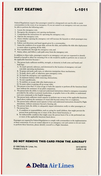 Image: safety information card: Delta Air Lines, Lockheed L-1011 TriStar