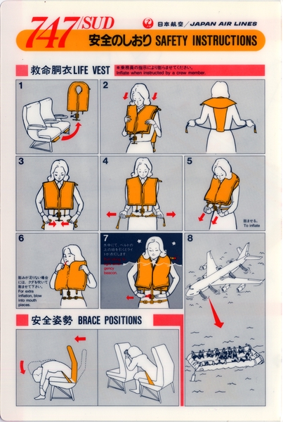 Image: safety information card: Japan Air Lines, Boeing 747 SUD