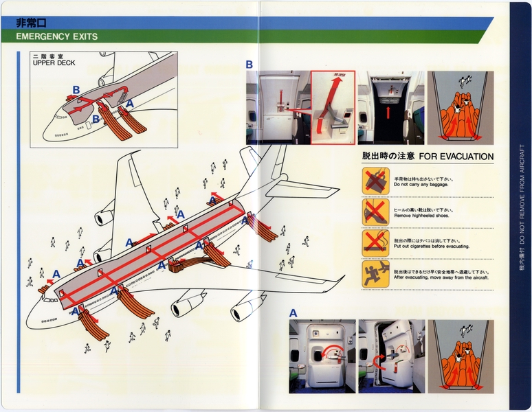 Image: safety information card: Japan Air Lines, Boeing 747LR SUD