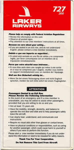 Image: safety information card: Laker Airways, Boeing 727-200