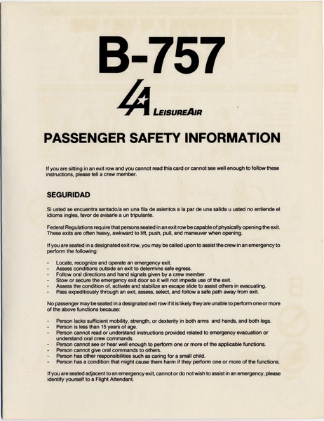 Image: safety information card: Leisure Air, Boeing 757