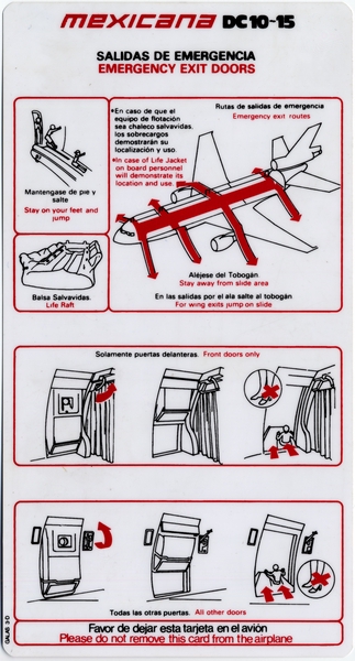 Image: safety information card: Mexicana Airlines, McDonnell Douglas DC-10-15