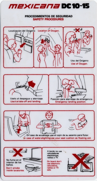 Image: safety information card: Mexicana Airlines, McDonnell Douglas DC-10-15