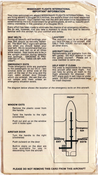 Image: safety information card: Missionary Flights International, Douglas DC-3