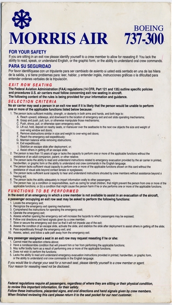 Image: safety information card: Morris Air, Boeing 737-300