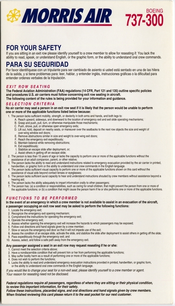 Image: safety information card: Morris Air, Boeing 737-300