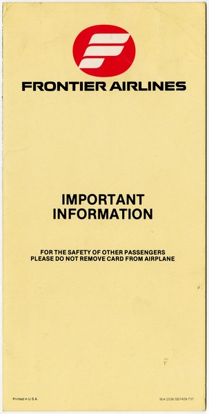 Image: safety information card: Frontier Airlines, Boeing 737