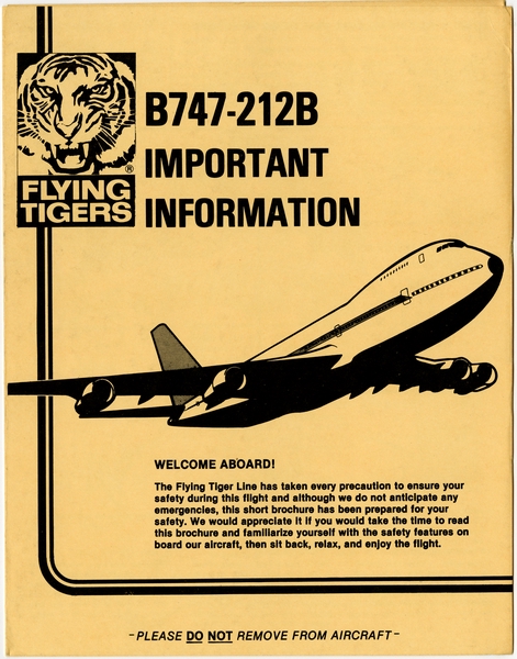 Image: safety information card: Flying Tigers, Boeing 747-212B