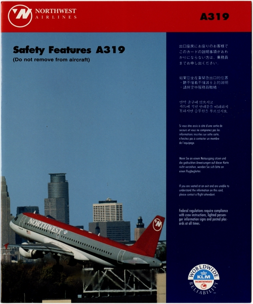 Image: safety information card: Northwest Airlines, Airbus A319