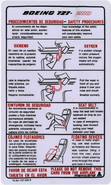 Image: safety information card: Mexicana Airlines, Boeing 737-200