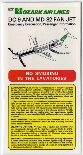 Image: safety information card: Ozark Air Lines, Douglas DC-9 and McDonnell Douglas MD-82