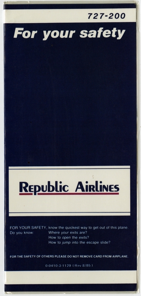 Image: safety information card: Republic Airlines, Boeing 727-200
