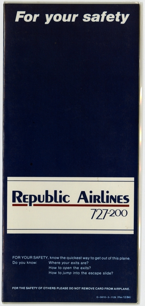 Image: safety information card: Republic Airlines, Boeing 727-200