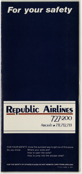 Image: safety information card: Republic Airlines, Boeing 727-200