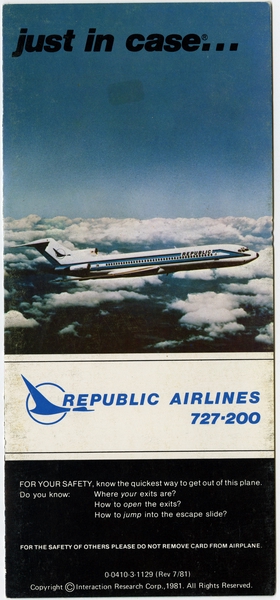 Image: safety information card: Republic Airlines, Boeing 727-200
