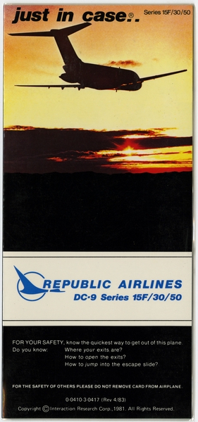 Image: safety information card: Republic Airlines, Douglas DC-9-15F/30/50