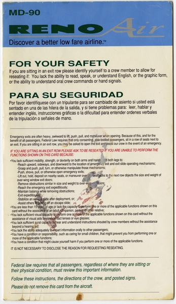Image: safety information card: Reno Air, McDonnell Douglas MD-90