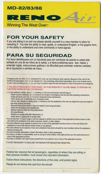 Image: safety information card: Reno Air, McDonnell Douglas MD-82 / 83 / 88