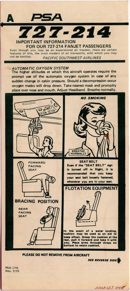 Image: safety information card: Pacific Southwest Airlines (PSA), Boeing 727-214