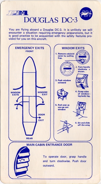 Image: safety information card: PBA (Provincetown-Boston Airline), Douglas DC-3
