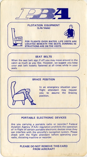 Image: safety information card: PBA (Provincetown-Boston Airline), Douglas DC-3