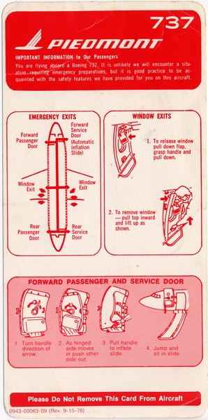 Image: safety information card: Piedmont Airlines, Boeing 737