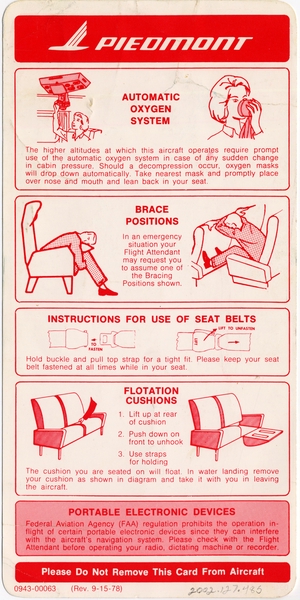 Image: safety information card: Piedmont Airlines, Boeing 737