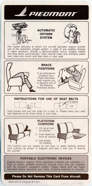 Image: safety information card: Piedmont Airlines, Boeing 727-200