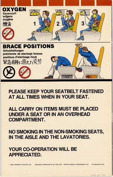 Image: safety information card: Piedmont Airlines, Fokker F.28 Fellowship