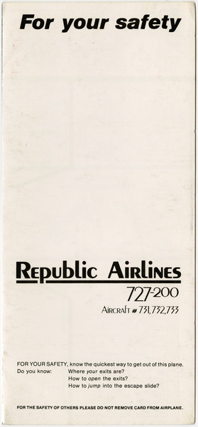 Image: safety information card: Republic Airlines, Boeing 727-200