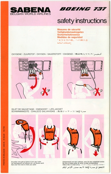 Image: safety information card: Sabena Belgian World Airlines, Boeing 737