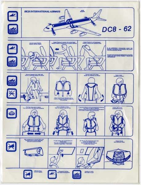 Image: safety information card: Rich International Airways, Douglas DC-8-62