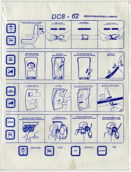 Image: safety information card: Rich International Airways, Douglas DC-8-62