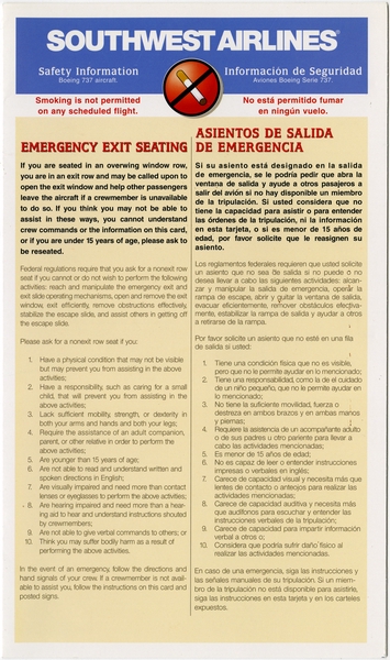 Image: safety information card: Southwest Airlines, Boeing 737