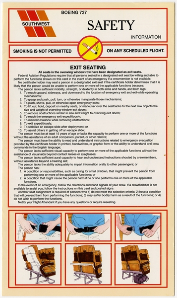 Image: safety information card: Southwest Airlines, Boeing 737