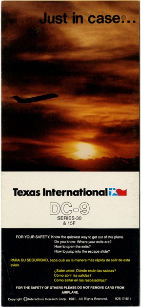 Image: safety information card: Texas International, Douglas DC-9 Series 30 & DC-9-15F