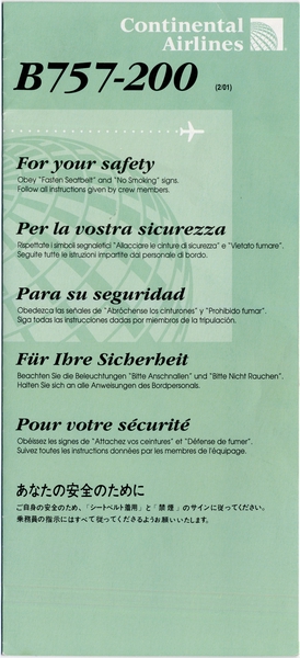 Image: safety information card: Continental Airlines, Boeing 757-200
