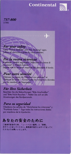 Image: safety information card: Continental Airlines, Boeing 737-800