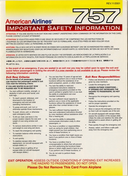 Image: safety information card: American Airlines, Boeing 757