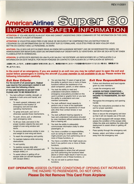 Image: safety information card: American Airlines, McDonnell Douglas MD-80