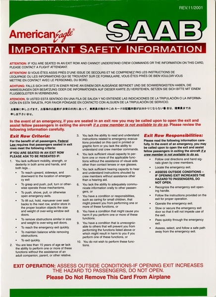 Image: safety information card: American Eagle, Saab