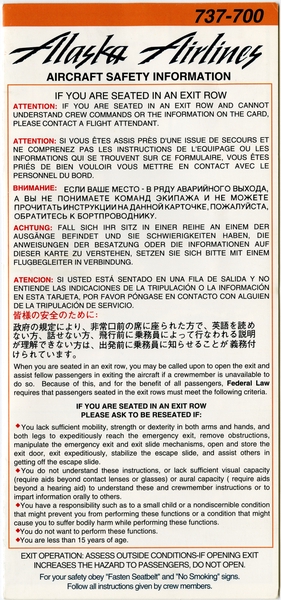 Image: safety information card: Alaska Airlines, Boeing 737-700